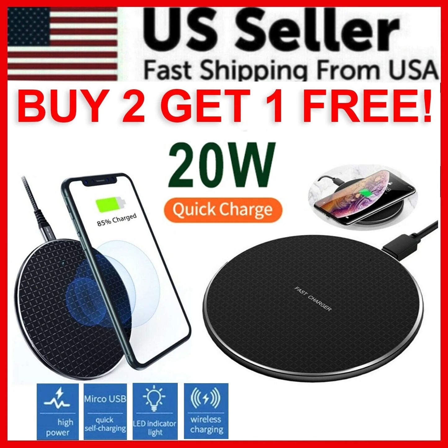 20W Wireless Charger Fast Charge Pad for Samsung Iphone XS Max X XR 12 13 Pro