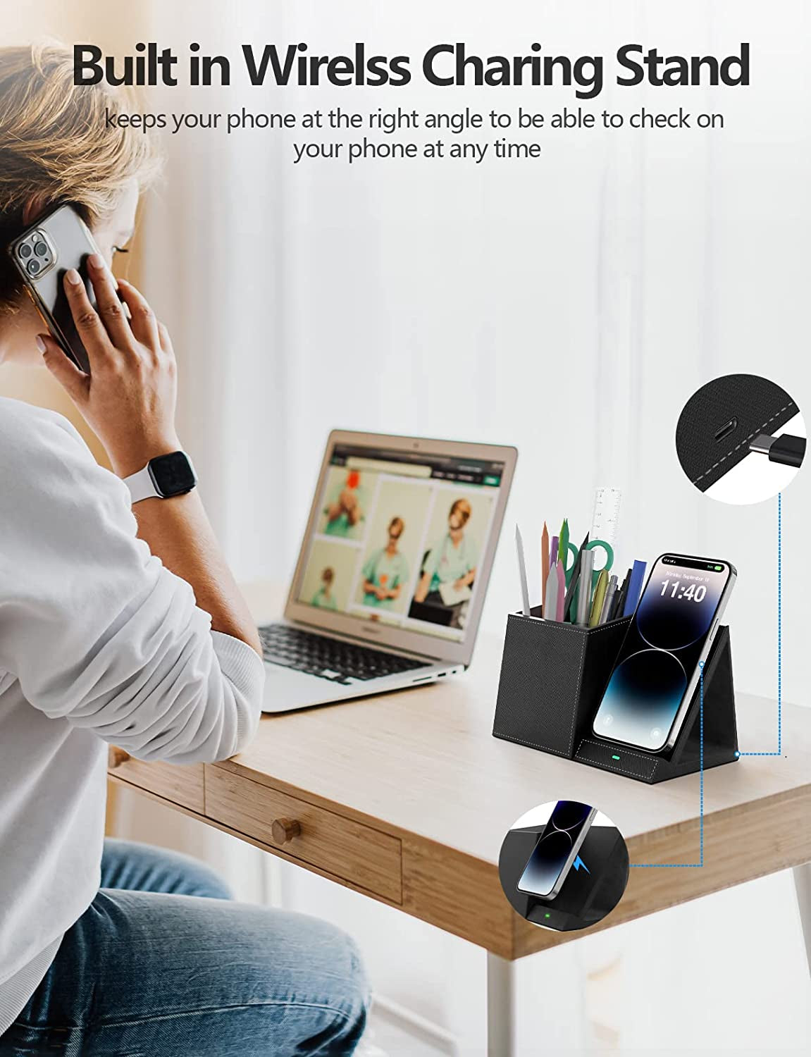 2-In-1 Pen Holder with Wireless Charger, Compatible with Iphone 16/15/14/13/12/11/8 Series, Pencil Holder Phone Stand for Desk Home Office, Men Gift Husband Wife Anniversary Dad Birthday Idea Gadget