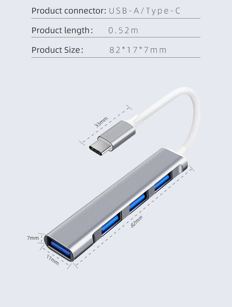 USB-C Type C to USB 3.0 4 Port Hub Splitter for PC Mac Phone Macbook Pro Ipad