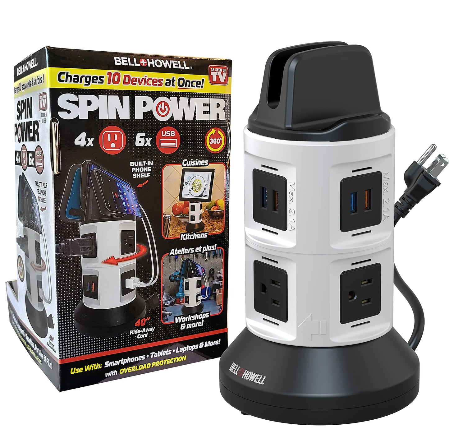 Spin Power Hub Tower with Surge Protection - 4 Outlets & 6 USBs